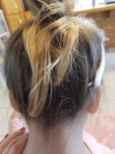 Pull bottom half of hair over elastic and into the pony tail.