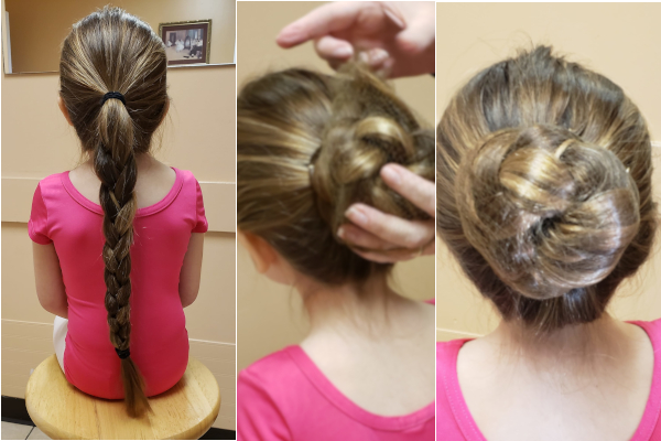 Three pictures of a little girl having her hair put in a bun. First picture is a braided ponytail. Second picture shows hair wrapped around ponytail and hairnet put over bun. Third picture shows finished bun.
